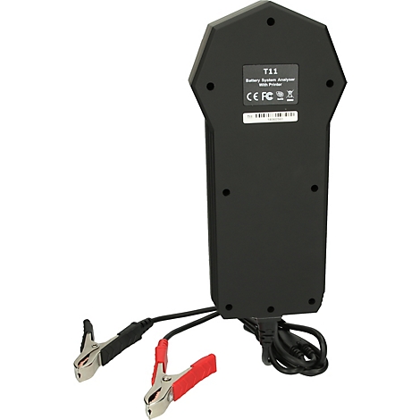 Schwarzes Batterieanalysegerät mit Klemmen. Beschriftung: T11, Battery System Analyzer.